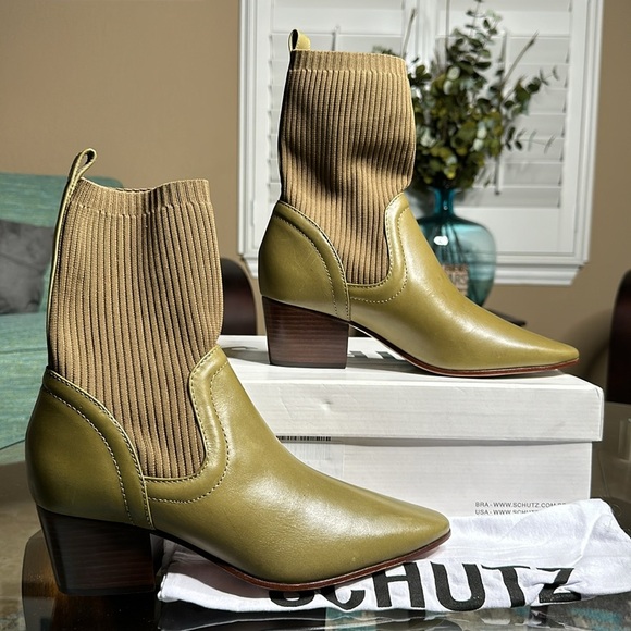 New Schutz Leather Sweater‎ Knit Mid Boots - Camille Knit color green size 8 - Picture 6 of 14